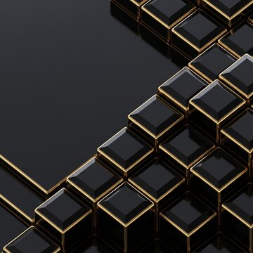 Luxury black obsidian gold rhombohedral topography geometric relief, square 1 by 1 graded diamond prism stepped pavement with molten gold rims for private wealth management VIP medallion branding