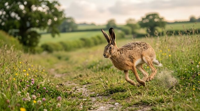 Brown hare running with long ears