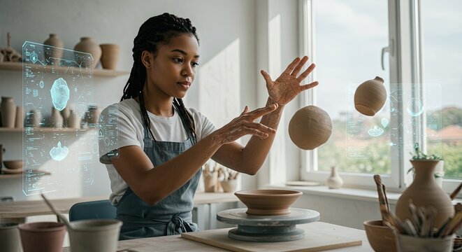 Woman creating pottery in studio.