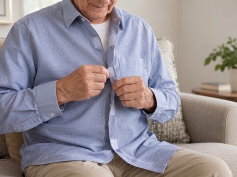 Older adult fastening an adaptive shirt at home