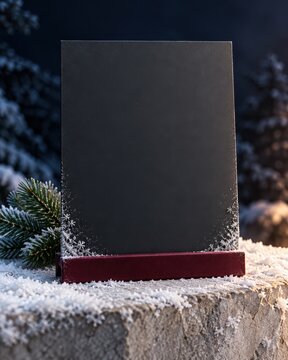 Blank black chalkboard sign standing in a festive snowy winter landscape