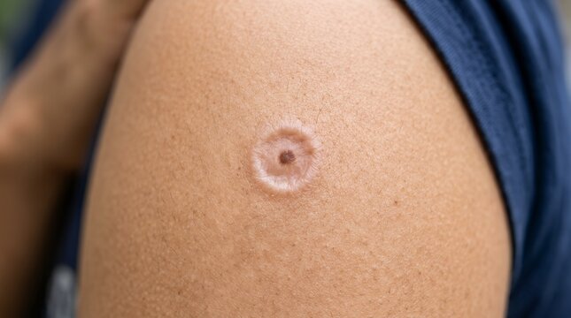 Close up view of a skin lesion or mole on the shoulder showing a brown pigmented spot dermatology examination