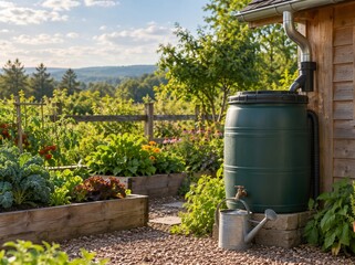 Fototapeta premium Rainwater barrel and watering can beside a vegetable garden