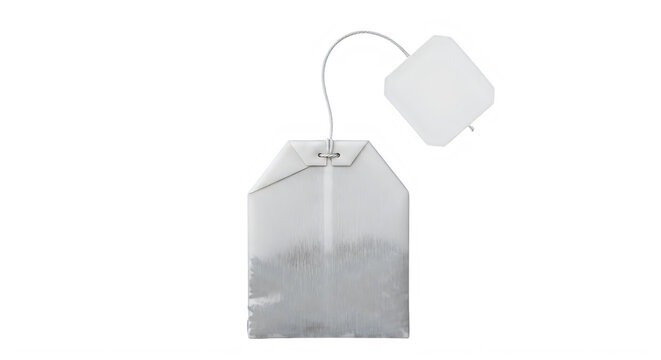 Single white tea bag with blank square label tag suspended by a thin cotton string isolated.