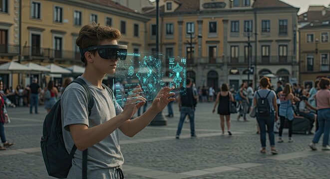 Young man wearing VR headset outdoors.