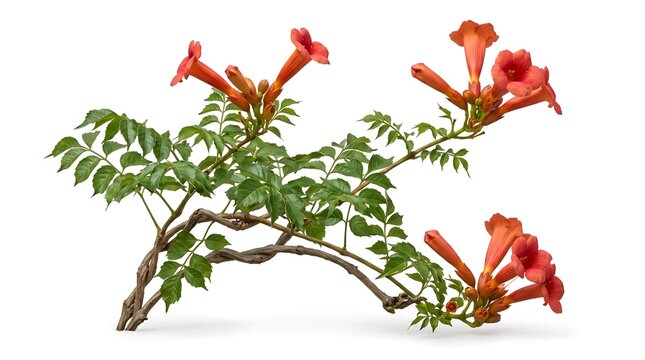 Trumpet vine branch with vibrant orange flowers isolated on white background.