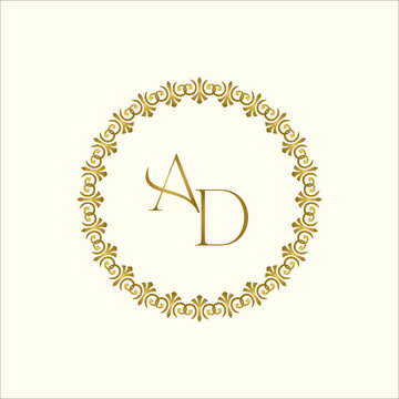 Elegant gold luxury wedding initial AD monogram with floral frame and royal aesthetic