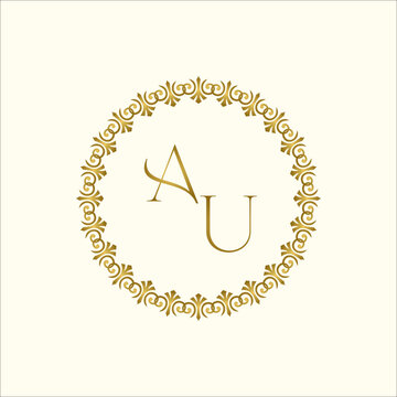 Elegant gold luxury wedding initial AU monogram with floral frame and royal aesthetic