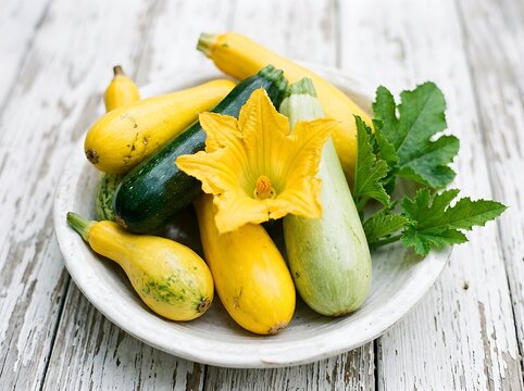 Fresh harvest of colorful summer squash and zucchini with a vibrant yellow blossom in a rustic white bowl