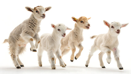 Obraz premium Four cute baby lambs jumping isolated on a transparent background