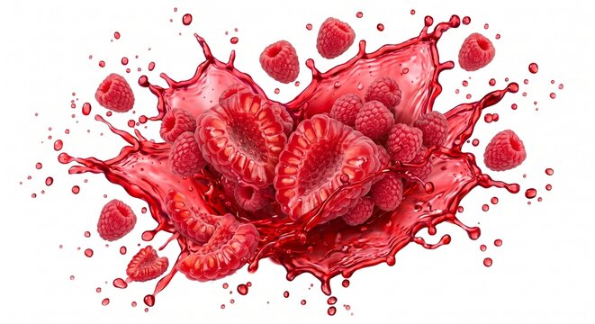 Fresh red raspberries and juice splash with flying berries and droplets isolated on white background
