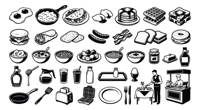 Vintage breakfast food icons set, retro black and white brunch vector elements, morning meal and restaurant menu graphics collection