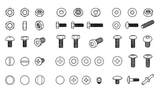 Industrial fastener vector collection with black line art nuts, bolts, screws, washers and rivets in outline style, drive heads and head shapes shown