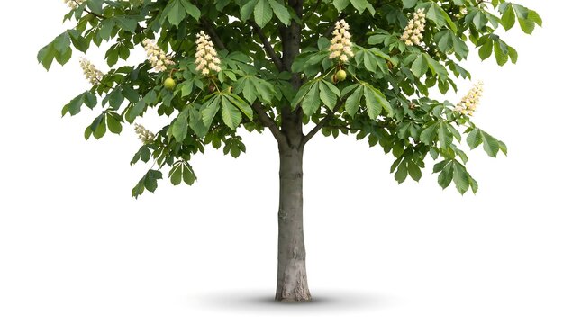 A beautiful blooming horse chestnut tree isolated on a white background.