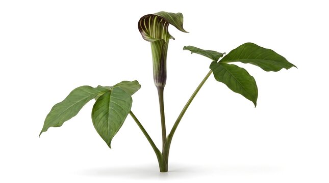 A single Arisaema triphyllum plant with a unique striped spathe isolated on white background.