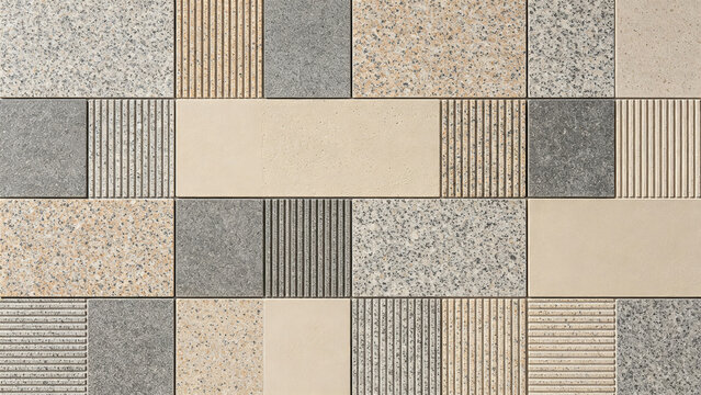 Architectural material samples grid with tile and stone surface textures