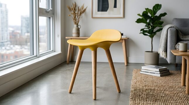 Modern yellow stool with curved seat and three tapered legs