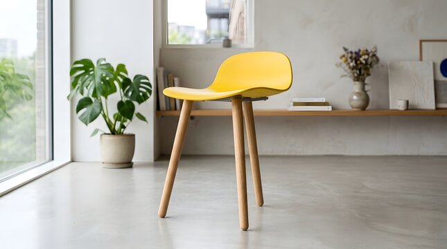 Modern yellow stool with curved seat and three tapered legs