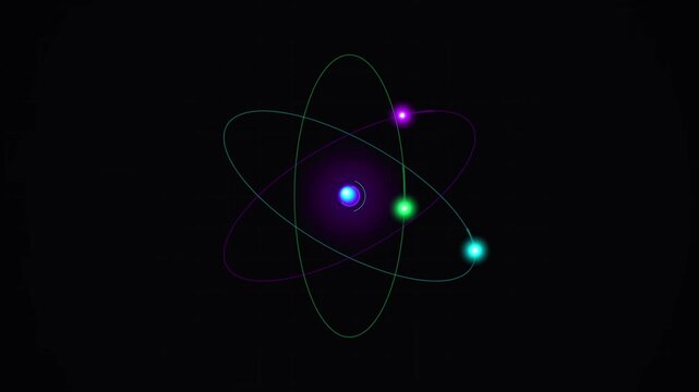 3D render animation of an atom with glowing nucleus and electrons orbiting on paths against a black background