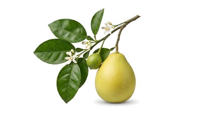 Fresh pomelo fruit with green leaves and white blossoms isolated on white background.
