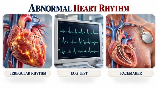 AI generated abnormal heart rhythm medical infographic showing arrhythmia, ECG monitoring and pacemaker implant device.