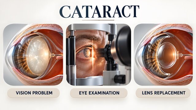 AI generated cataract medical infographic showing vision problems, eye examination, and intraocular lens replacement