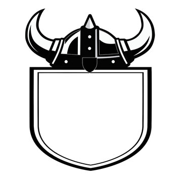 Black and white blank shield crest logo template topped with a horned viking helmet, vector graphic illustration