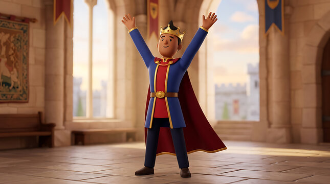 Young cartoon king with arms raised in triumph inside a grand castle hall during a golden hour sunset