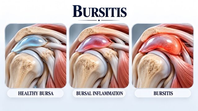 AI generated medical illustration of shoulder bursitis progression showing healthy bursa and bursal inflammation