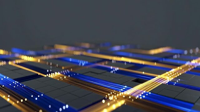 Close-Up Micro-Engineering of a Futuristic 3D Cellular Mesh with glowing Blue and Gold Light Nodes