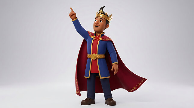 Young King pointing upward with crown and cape during bright studio lighting concept of leadership vector illustration