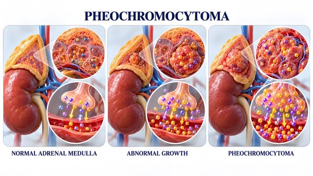 AI generated medical illustration of pheochromocytoma tumor growth stages in the adrenal medulla of the kidney