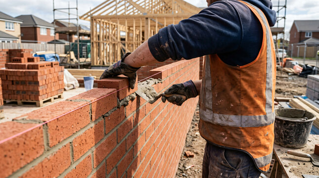 Over-the-shoulder shot of a skilled bricklayer wearing a high-visibility orange vest laying red bricks with mortar and a trowel on a residential construction site with wooden timber frames