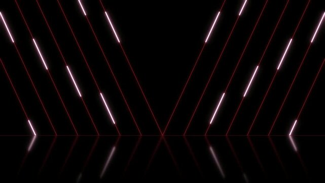 Futuristic neon light stage with glowing pink lines, abstract geometric laser background for music events, modern digital v-shape light tunnel