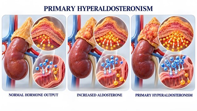 AI generated medical illustration of primary hyperaldosteronism showing adrenal gland function and hormone levels