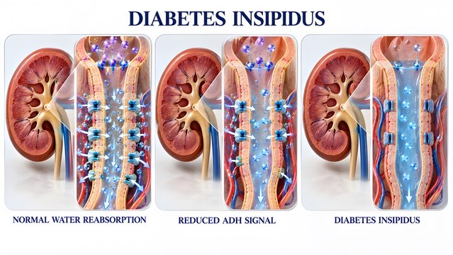 AI generated medical illustration of kidney function and diabetes insipidus water reabsorption process.