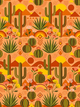 Mid-Century Modern Desert Sunset Seamless Pattern - Boho Southwestern Vector Background with Cactus, Agave, Arches, and Flowers in Terracotta and Olive