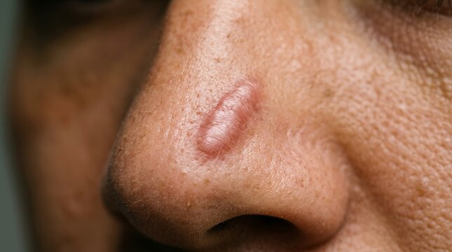 Close up view of skin lesion and texture on the nose demonstrating a skin condition or mole detail