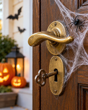 Brass door handle with old key cobweb and toy spider - Halloween locksmith and home security concept