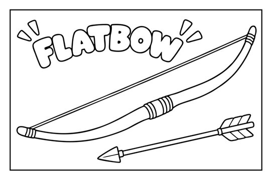 Flatbow coloring page for kids with outline style weapon illustration and typography text design