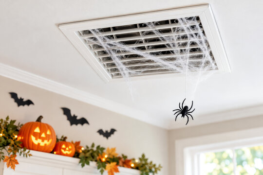 Ceiling air vent with fake cobwebs and toy spider - Halloween HVAC duct cleaning and indoor air quality concept