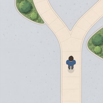 二本に分かれる歩道と立ち止まる人物の俯瞰イラスト