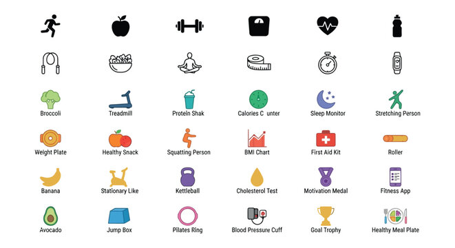 Collection of flat vector icons representing fitness health and wellness concepts exercise