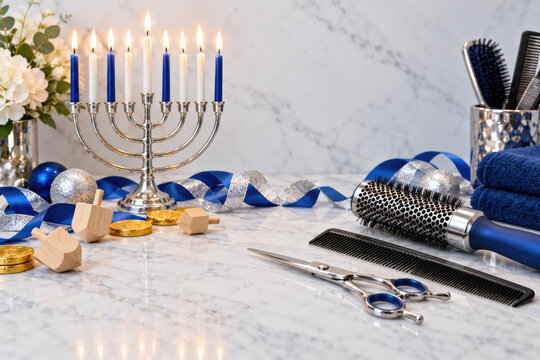 Hairdressing scissors comb and round brush with menorah and dreidels - Hanukkah hair salon greeting background
