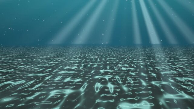 Underwater ocean scene with sunlight rays and caustic light patterns on sandy seabed, turquoise blue sea background, seamless loop 4K
