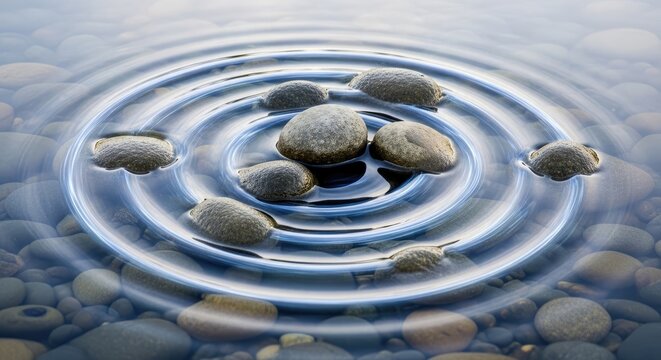 Water ripples spread outwards from a central point, disturbing a bed of smooth, grey stones. The ripples create a circular pattern, with the stones positioned at the center of the disturbance.
