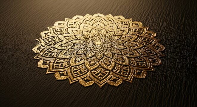 A golden mandala is intricately etched onto a dark brown textured surface. The mandala&rsquo;s design features a central flower surrounded by concentric layers of geometric patterns and repeating motifs.