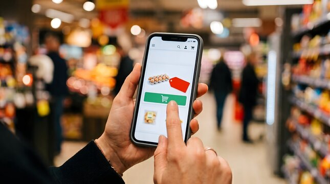 Person holding a smartphone using a shopping application in a busy grocery store with shopping app mobile commerce digital shopping retail technolo