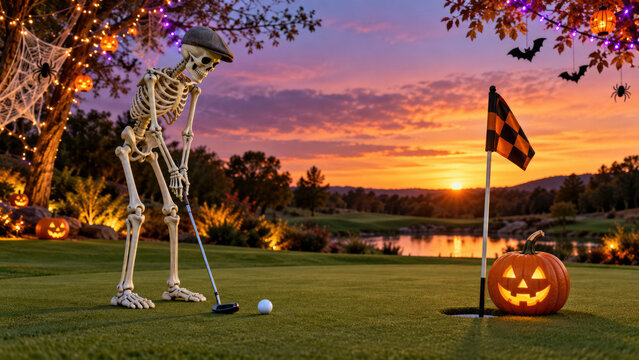 Plastic skeleton golfer in flat cap putting on green at sunset with pumpkin - funny Halloween golf tournament concept