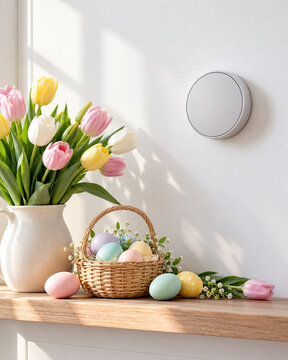 Round wall thermostat above shelf with tulips and pastel eggs - Easter HVAC heating and cooling service concept